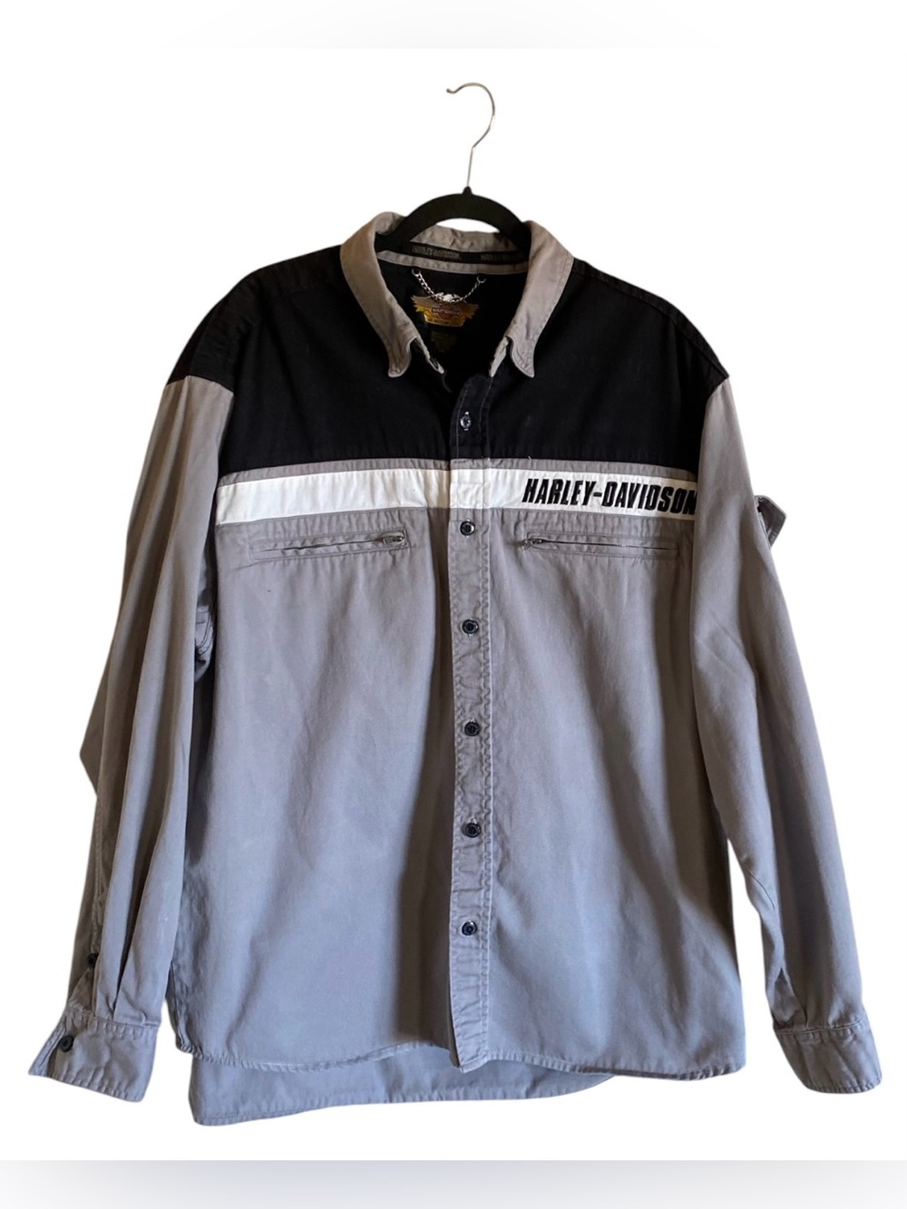 Men’s Harley-Davidson Long Sleeve button-up garage work shirt XL Gray/Black